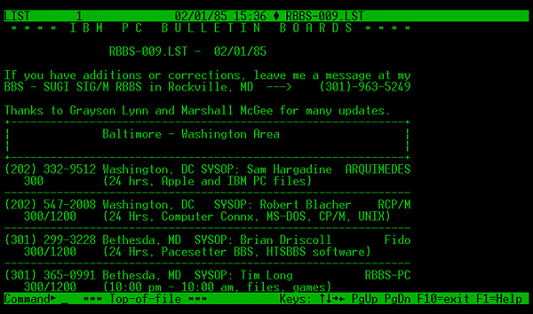 USBBS BBS List on Green Screen