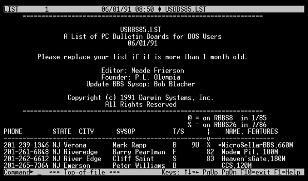 USBBS BBS List on White Screen